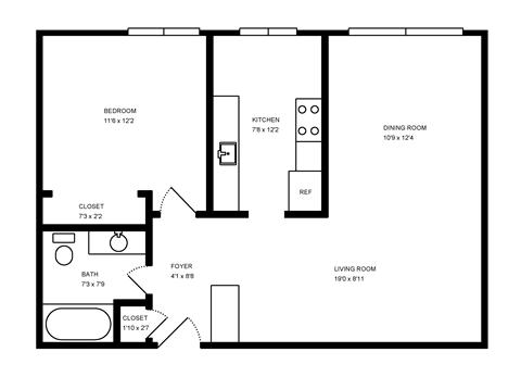 Floor plan for 1 bed, 1 bath, 725 sqft